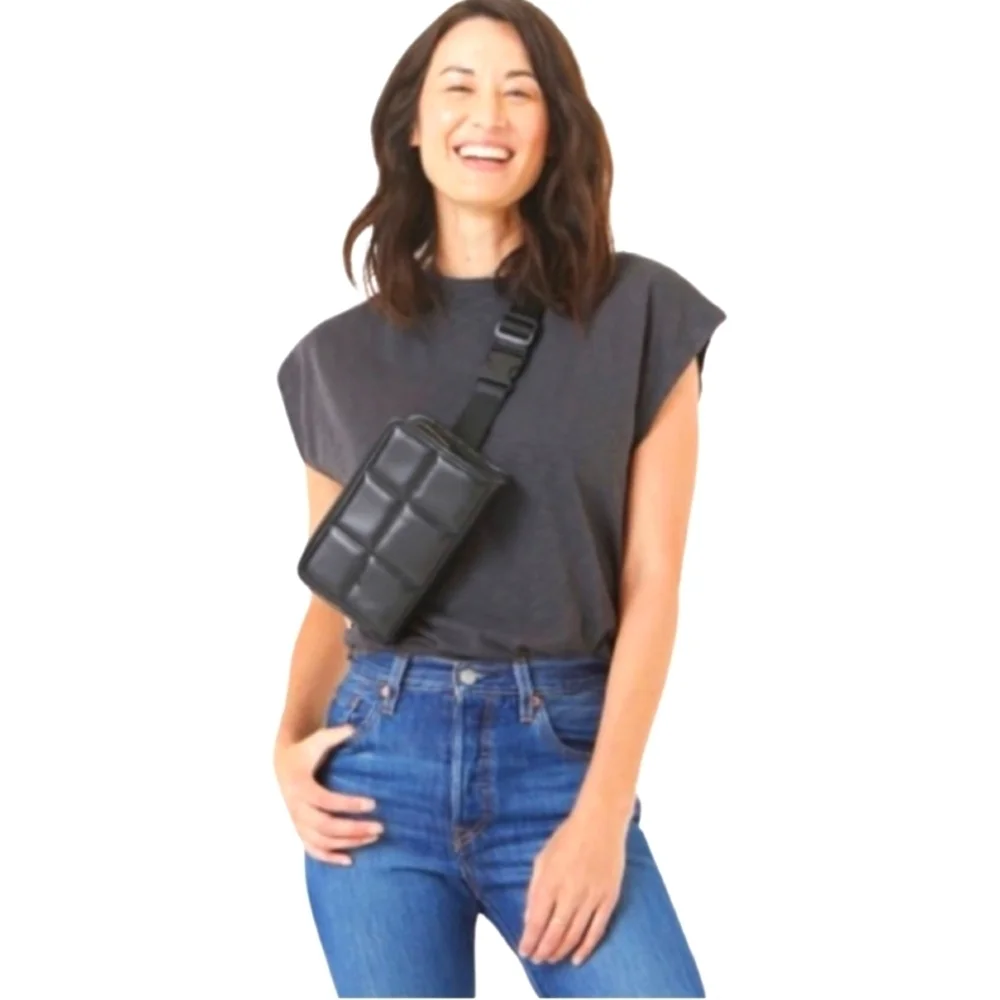 AMANDA UPRICHARD NY Black Vegan Leather Quilted Fanny Pack Belt Bag crossbody - Picture 2 of 9